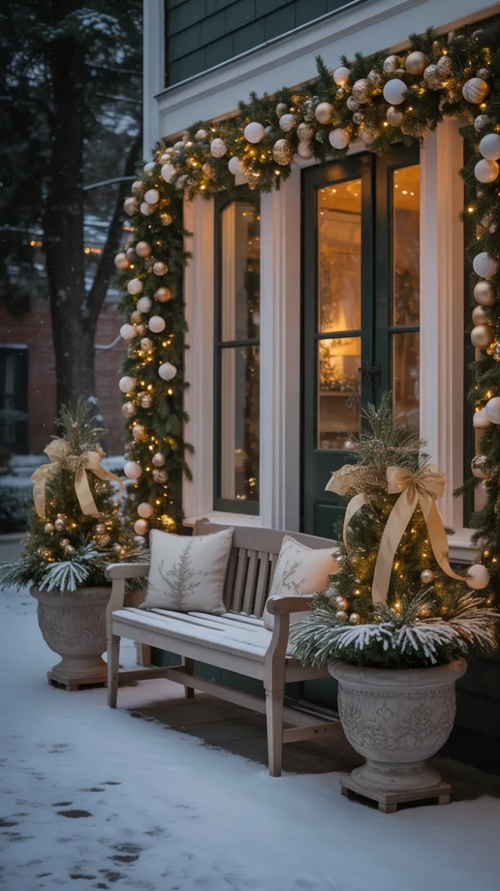 Timeless Holiday Porch Dressed in Gold and Snow