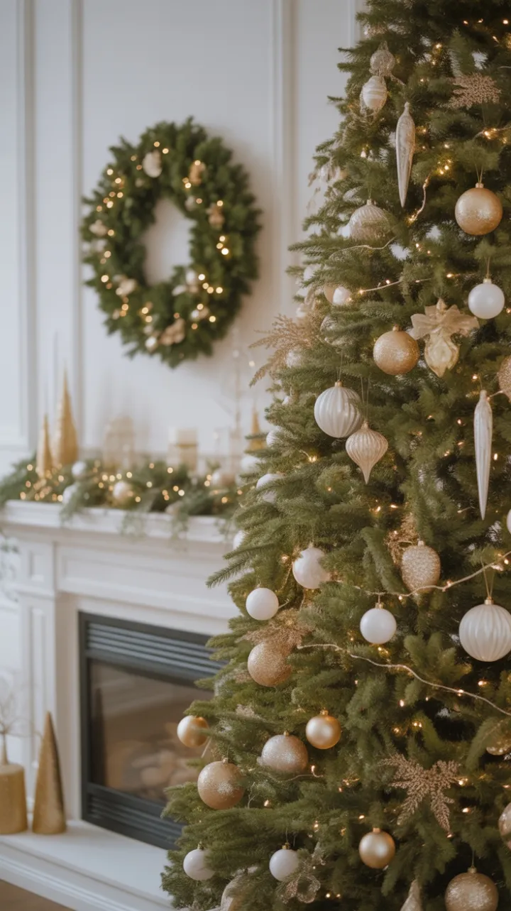 Golden Glow in an Elegant White Christmas Living Room