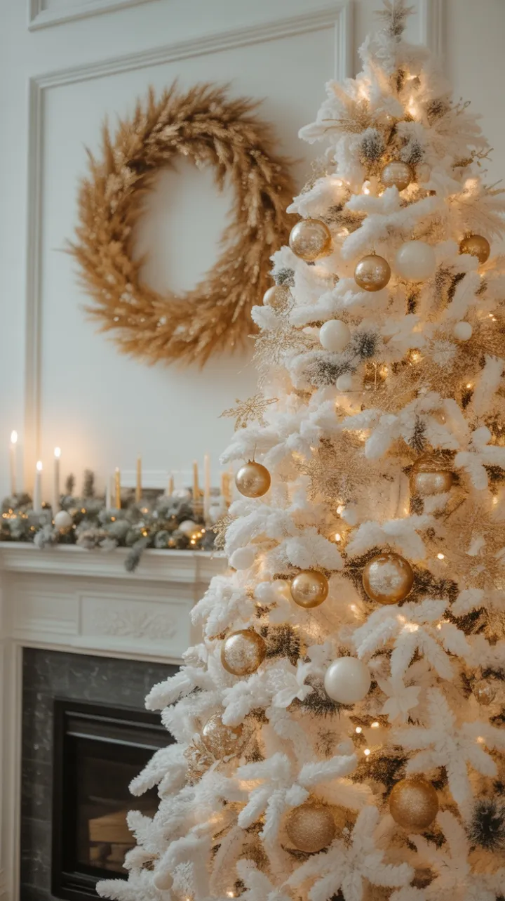 White Christmas Elegance with Gold-Trimmed Tree and Cozy Hearth