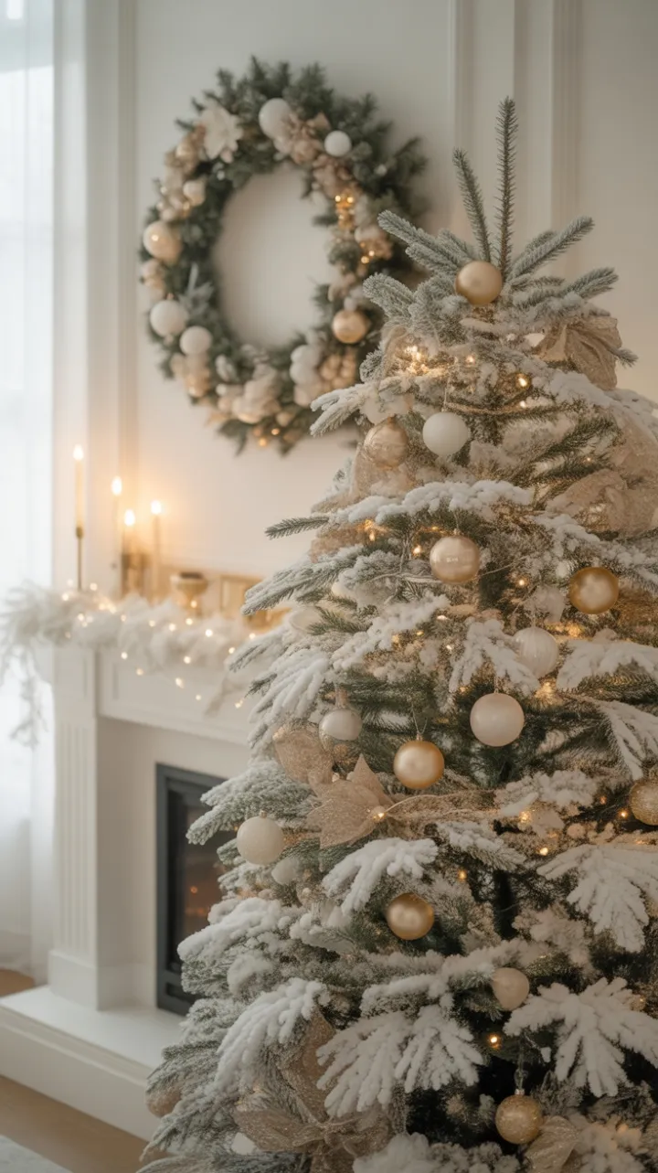 Snow-Kissed Elegance in a Gold and White Christmas Living Room