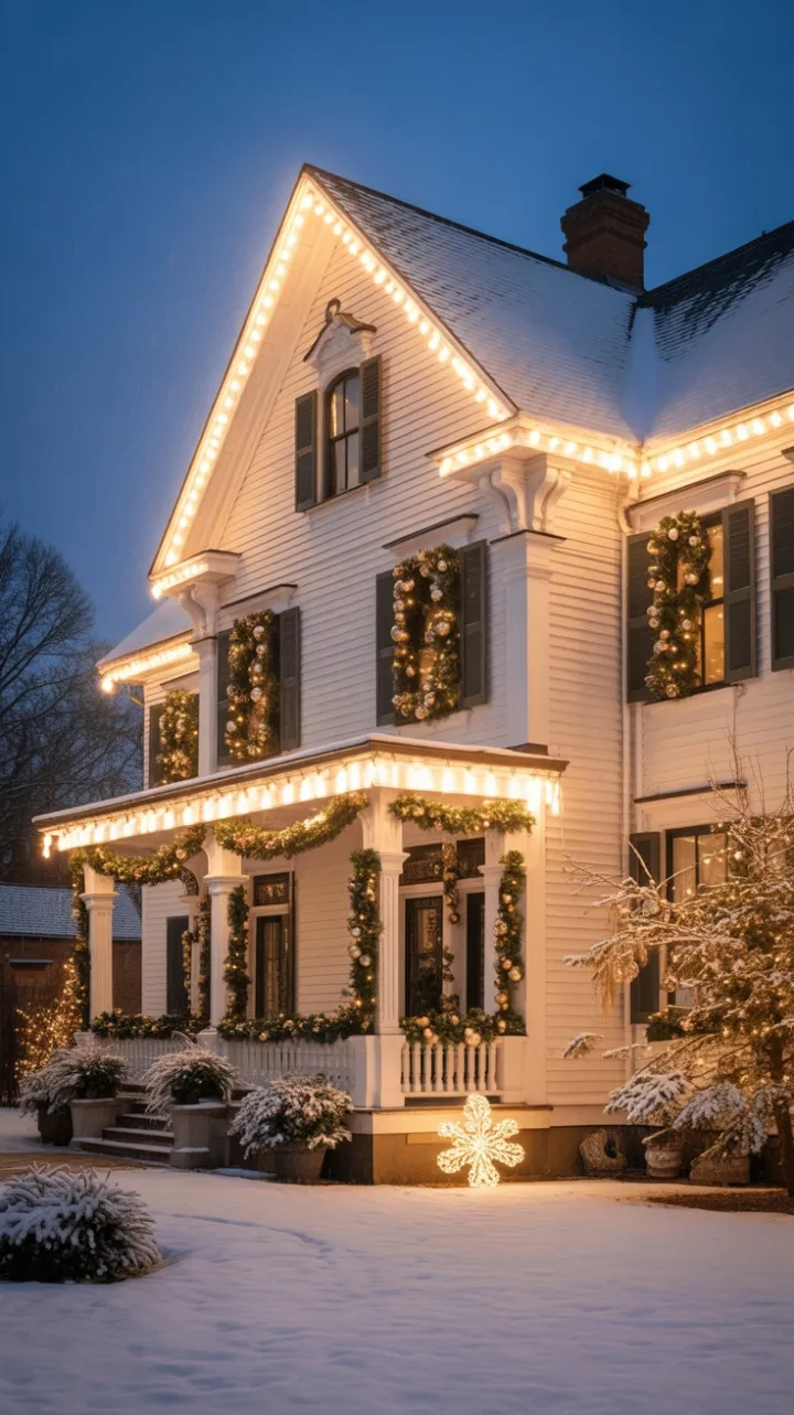 Snowlit Victorian Elegance Dressed in Gold-Trimmed Holiday Charm