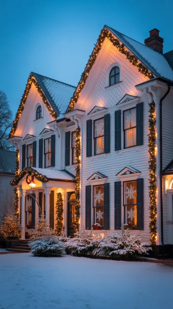 Twilight Victorian Home Aglow with Gold and Snow