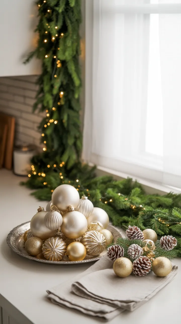 Cozy Christmas Countertop Styled with Linen Garland and Gold
