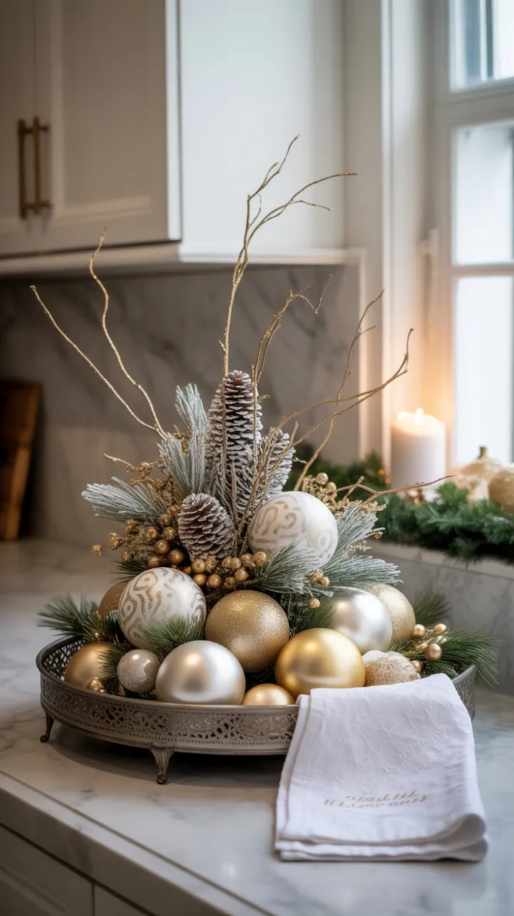 Gold-Accented Holiday Elegance on a Marble Kitchen Countertop