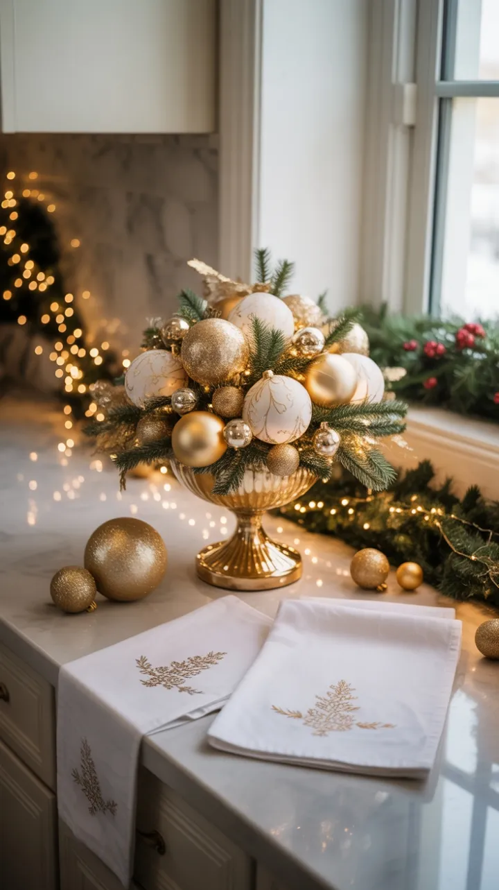 Elegant Gold and White Christmas on a Marble Countertop