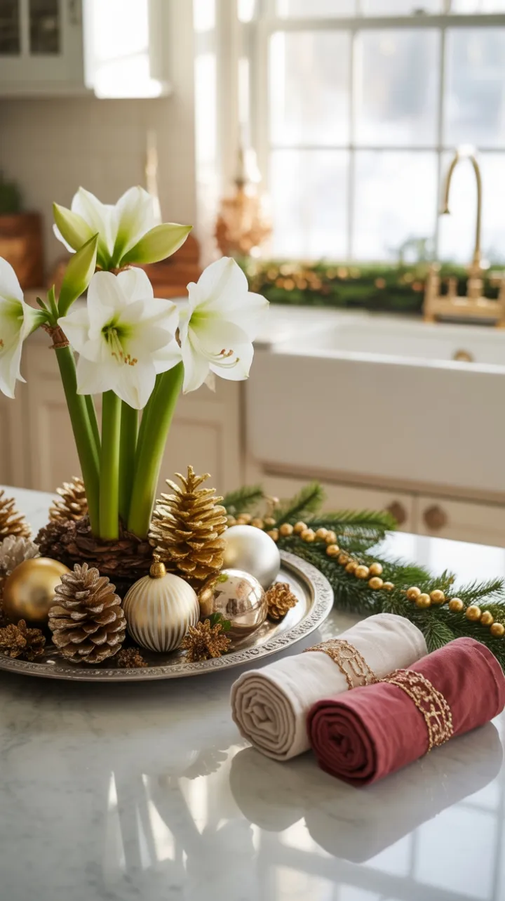 Gilded Amaryllis and Evergreen Holiday Elegance on Marble