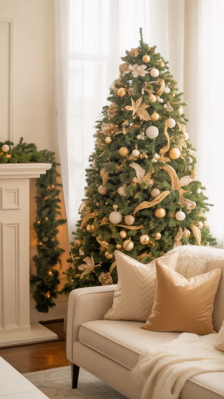 Warm Gold and White Christmas Elegance in a Cozy Living Room