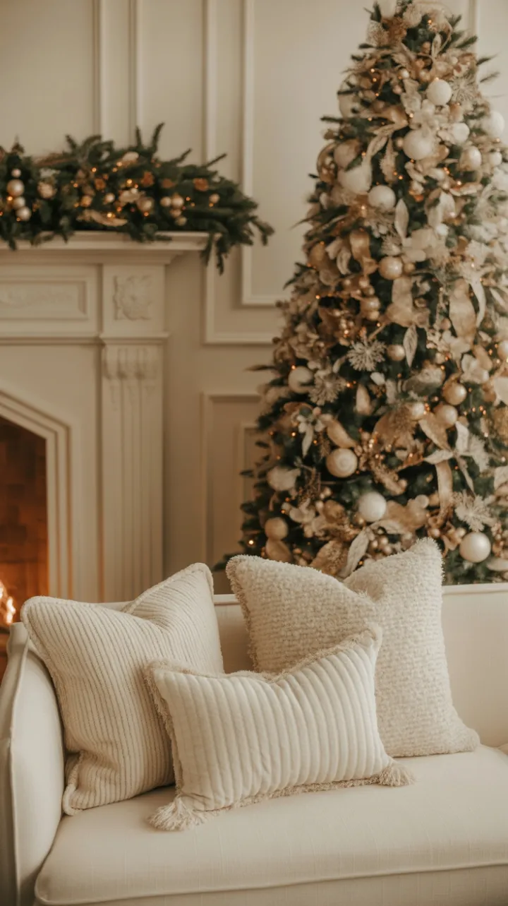 Elegant Christmas Living Room with a Golden Hearth