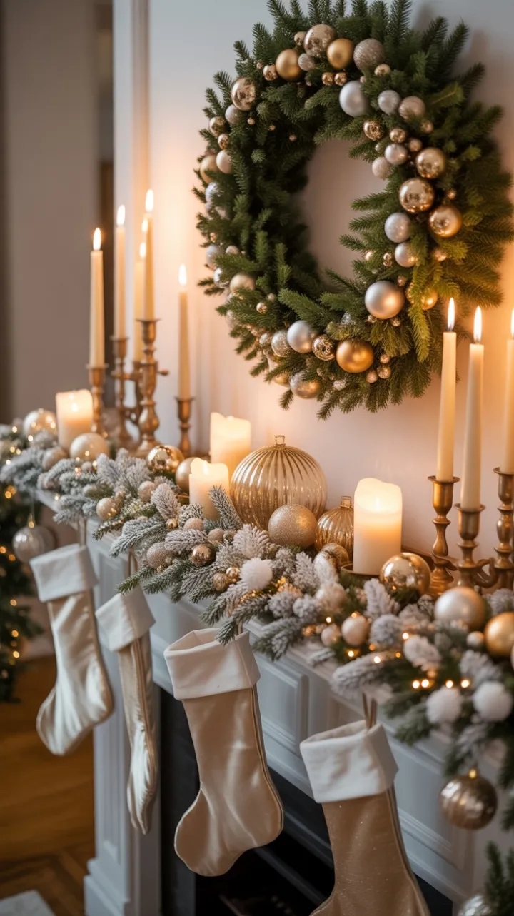Frosted Wreath and Champagne-Gold Mantel Glow