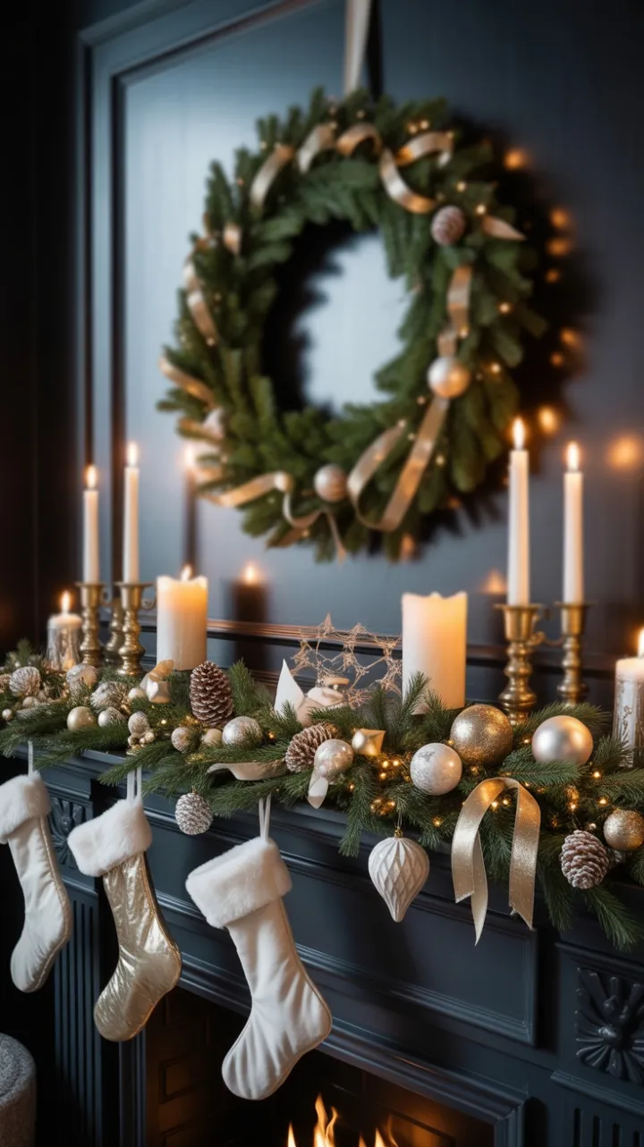 Luxe Gold and White Christmas Mantel with Velvet Stockings