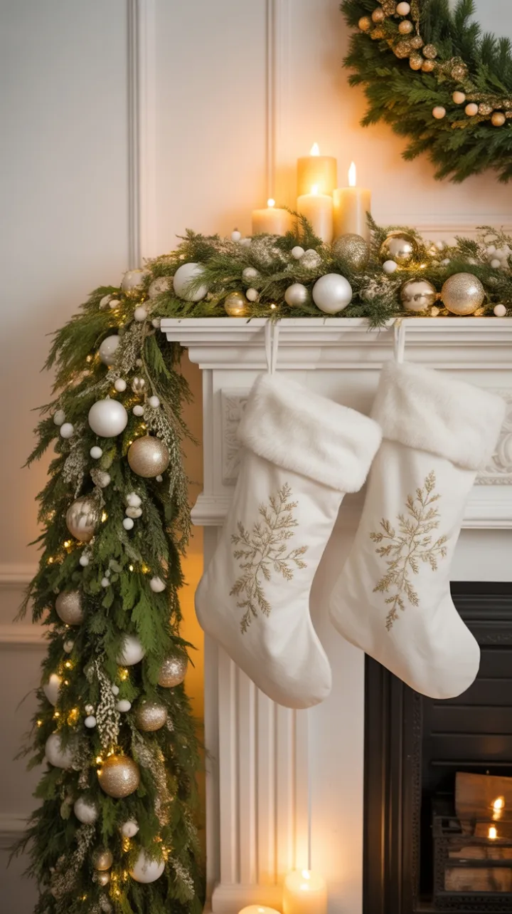 Shimmering Gold and White Christmas Mantel Radiating Cozy Holiday Warmth