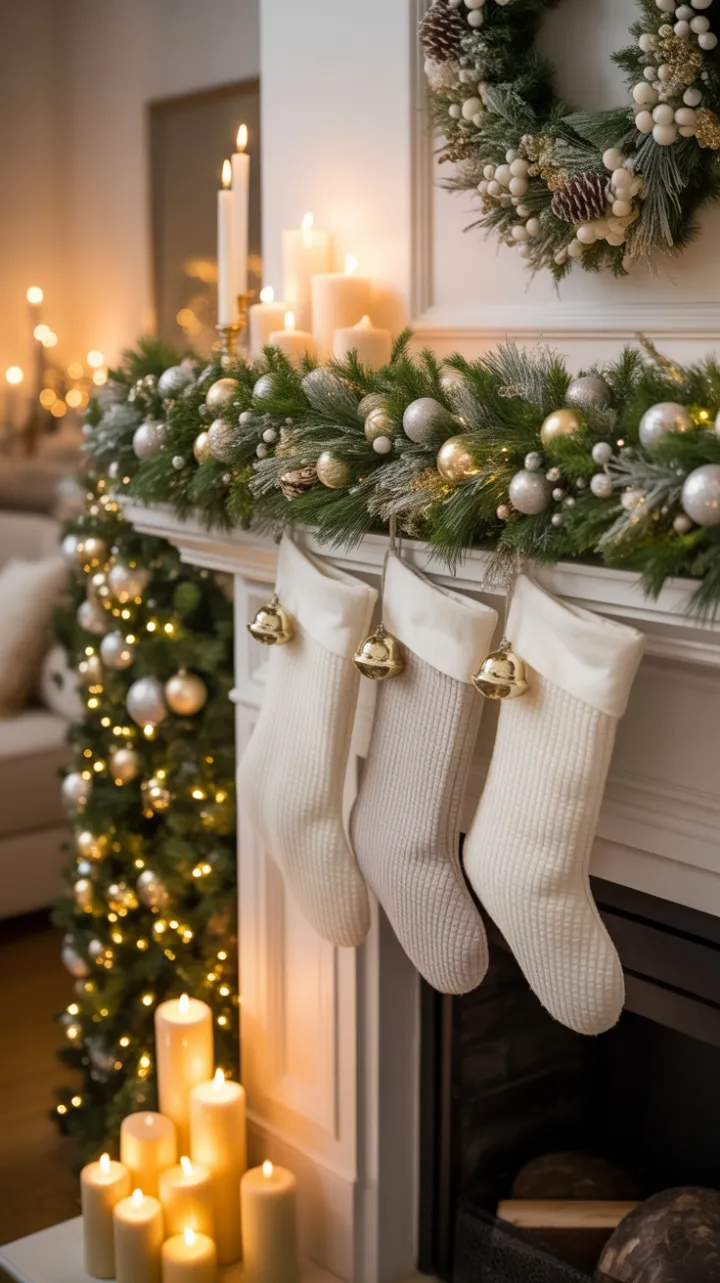 Silver-Trimmed Holiday Mantel Bathed in Golden Glow