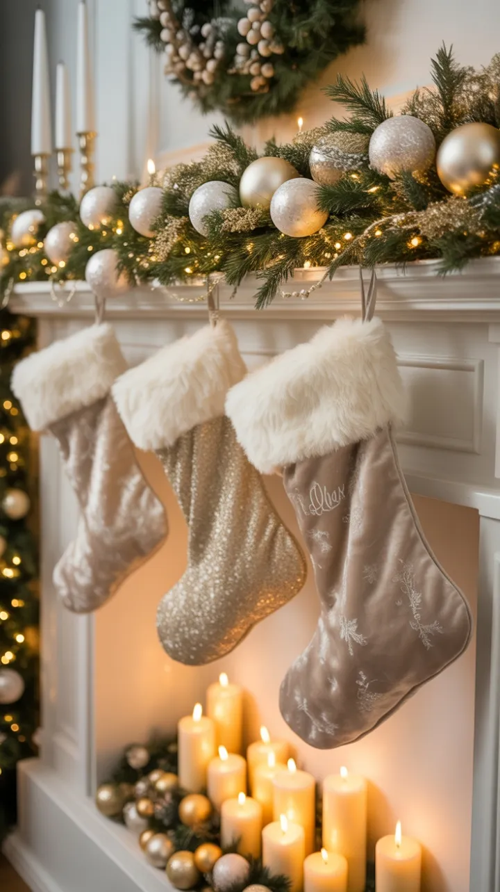 Gilded Holiday Mantel with Velvet Stockings and Frosted Ornaments