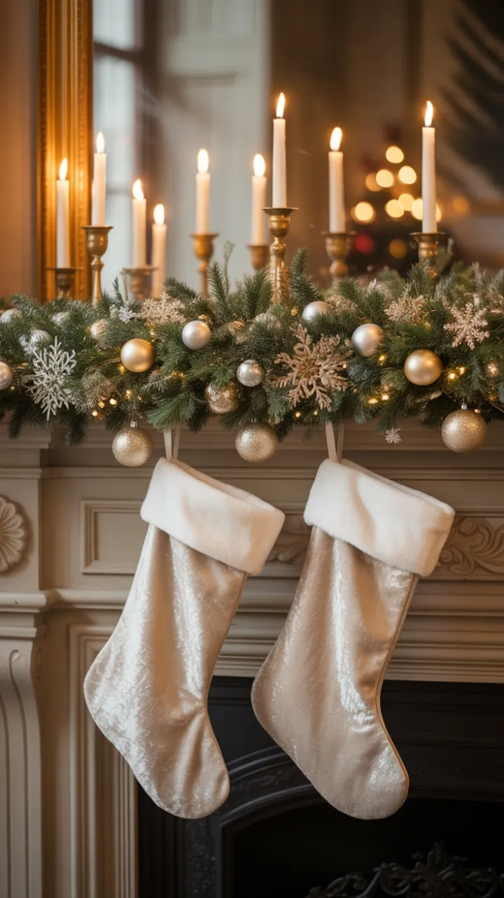 Gilded Winter Hearth with Velvet Stockings and Silver Pine Garland