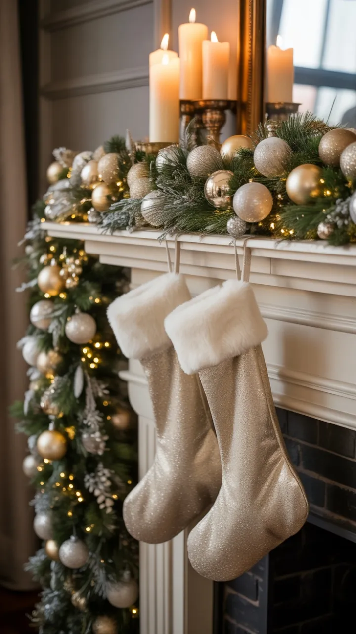 Elegant Holiday Mantel Draped in Pine, Gold and Candlelight