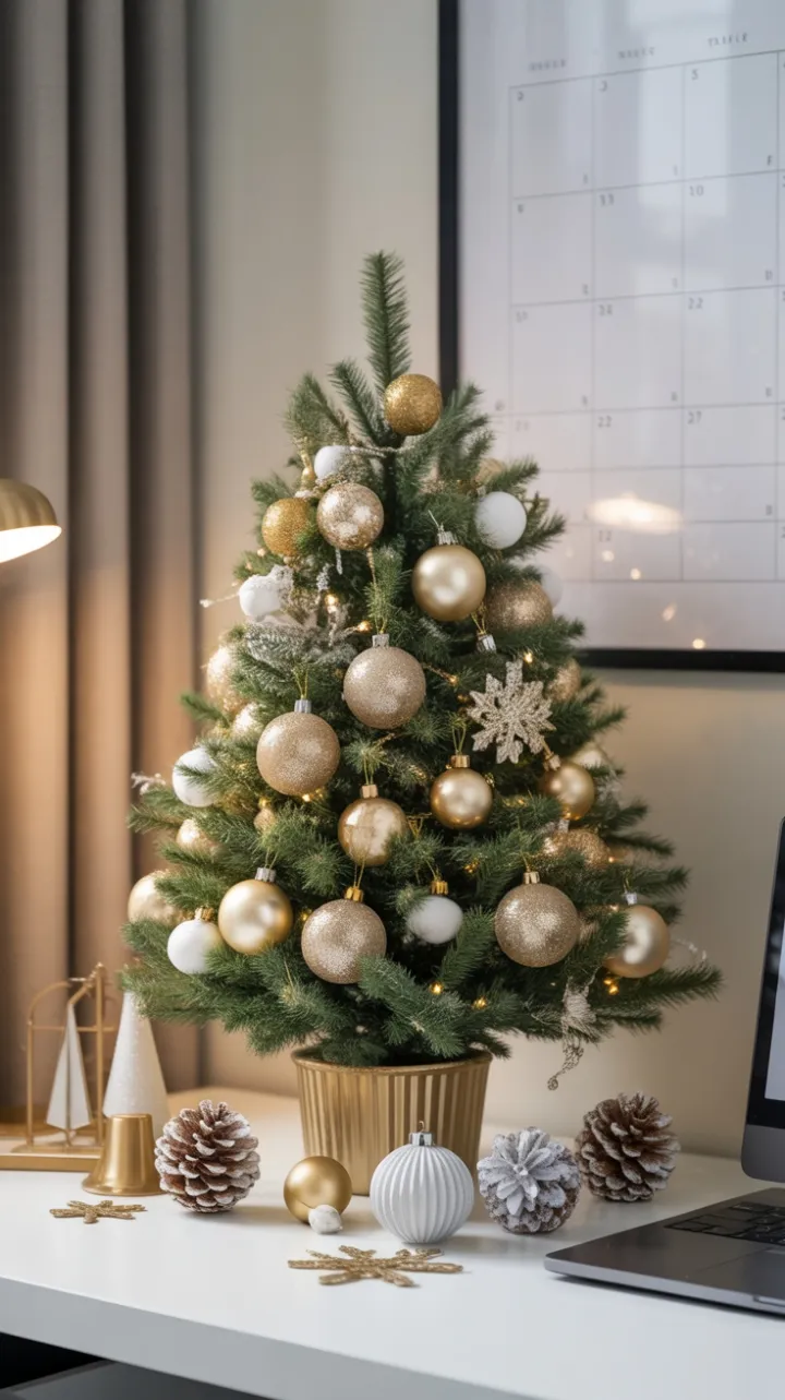 Gilded Office Christmas with Mini Evergreen and Frosted Accents