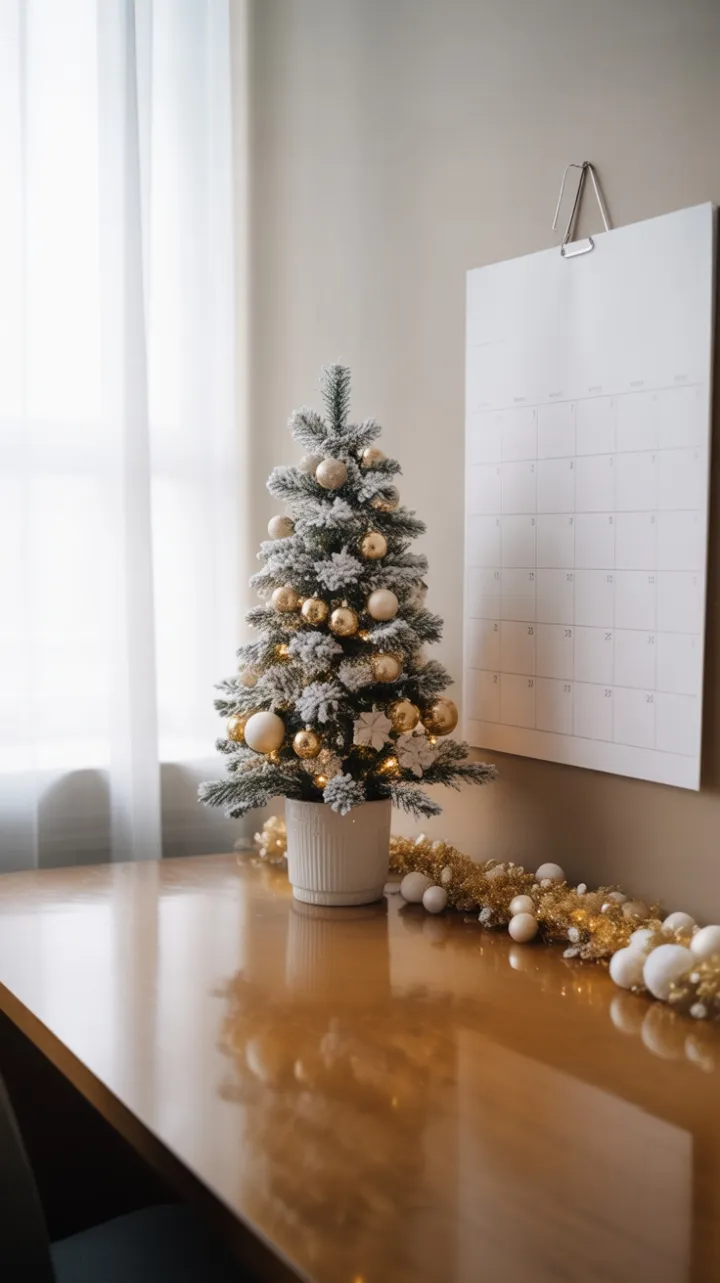 Elegant Minimalist Desk Dressed for a Gold and White Christmas