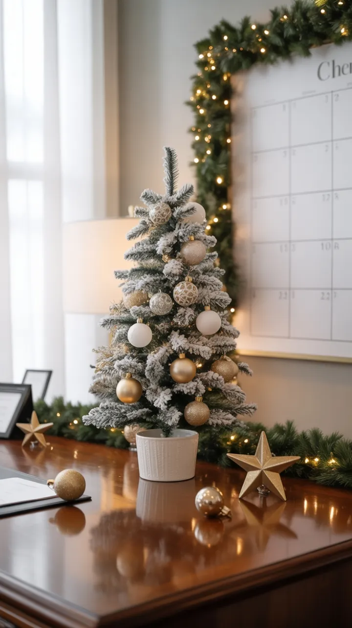 Executive Desk Dressed for the Holidays in Gold and White