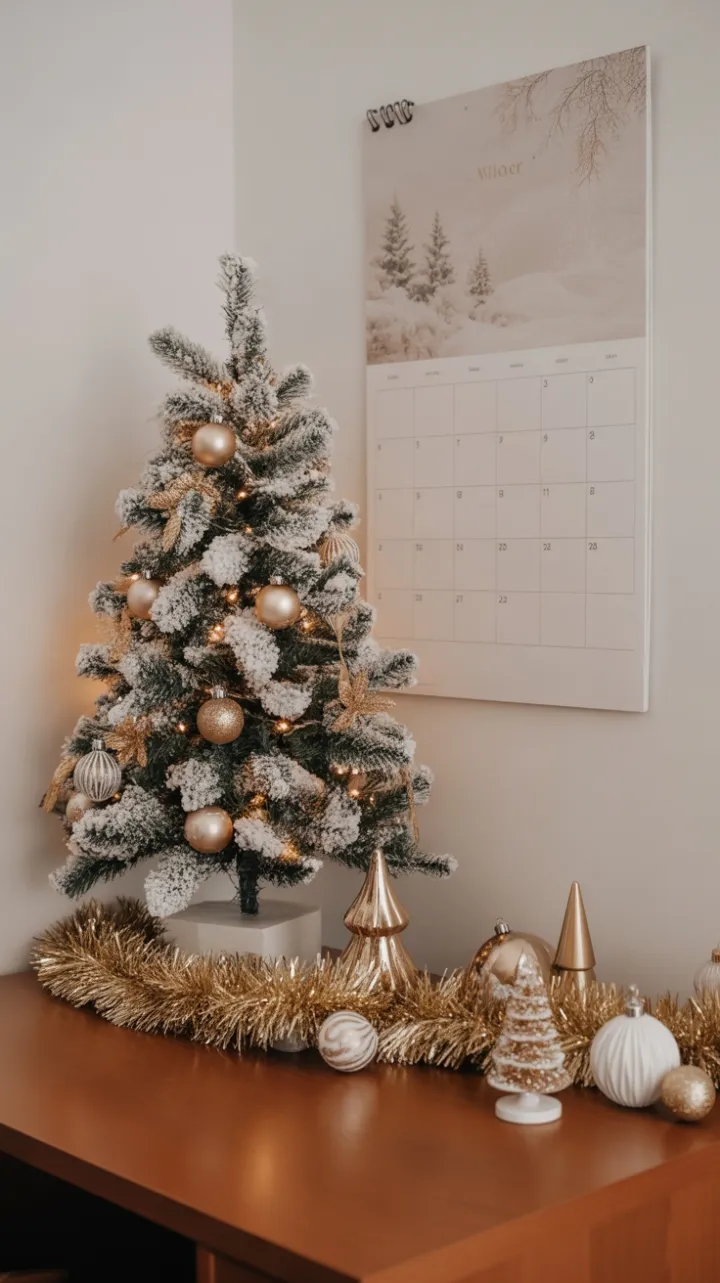 Frosted Elegance in a Gold and White Holiday Workspace