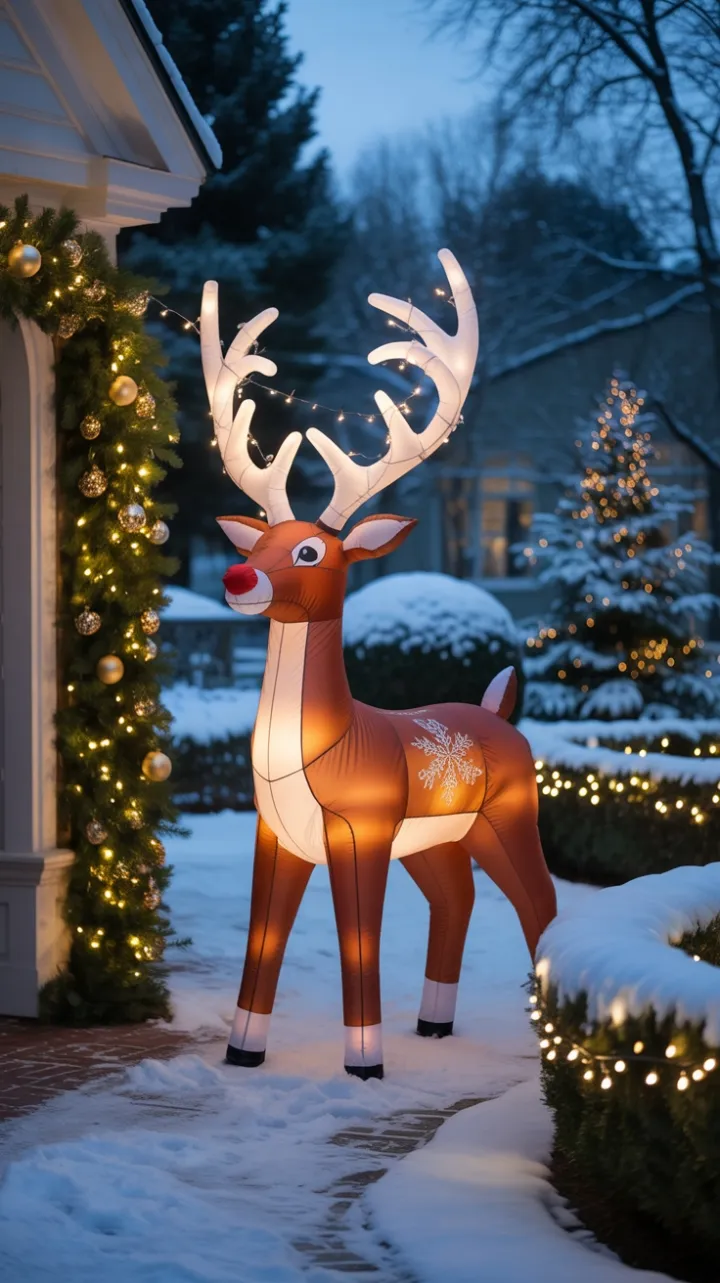 Golden-Antler Reindeer Illuminates a Serene Snowy Christmas Yard
