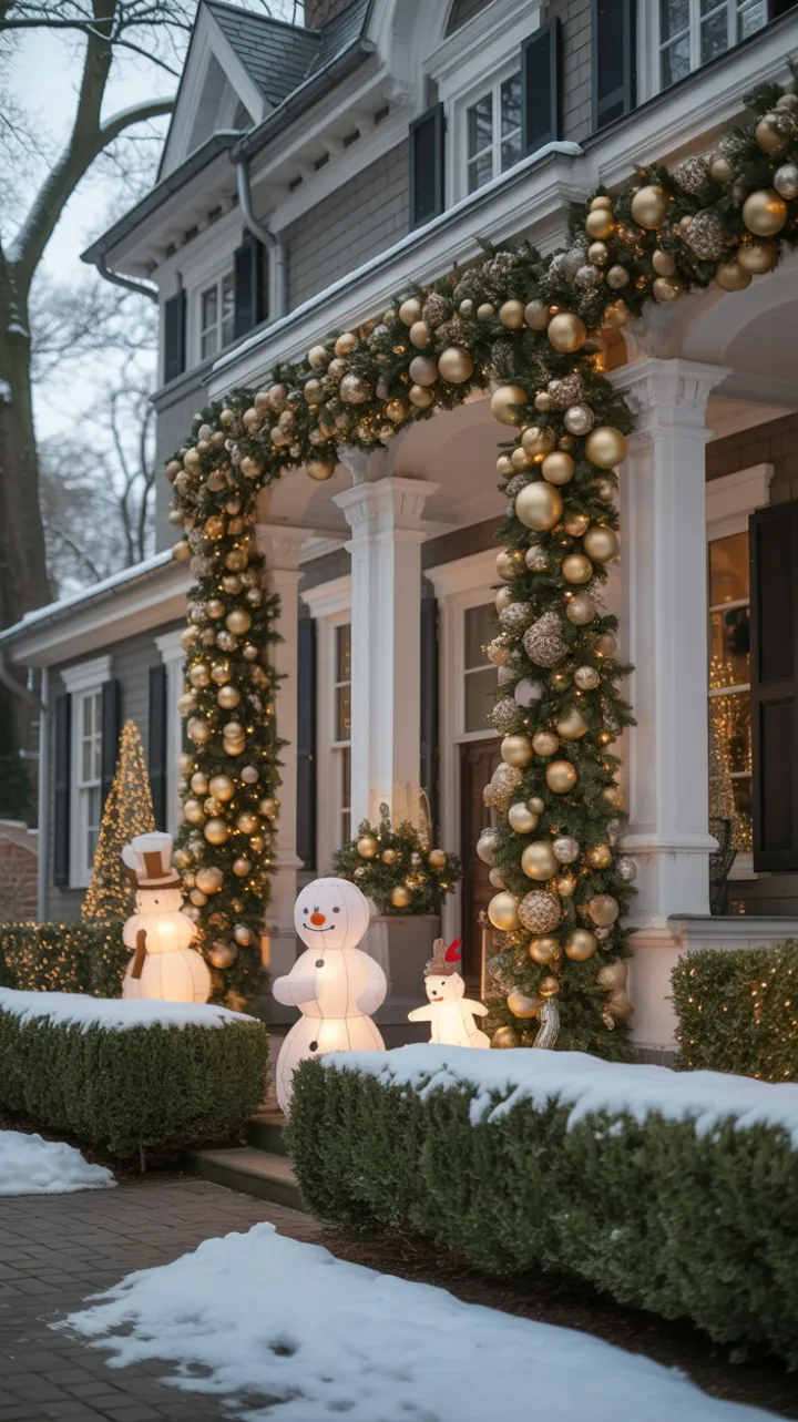 Victorian Holiday Glow – Gold and White Magic on a Snow-Kissed Porch