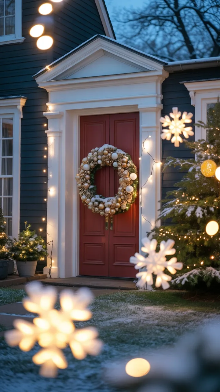 Snow-Kissed Red Door with a Golden Wreath at Twilight