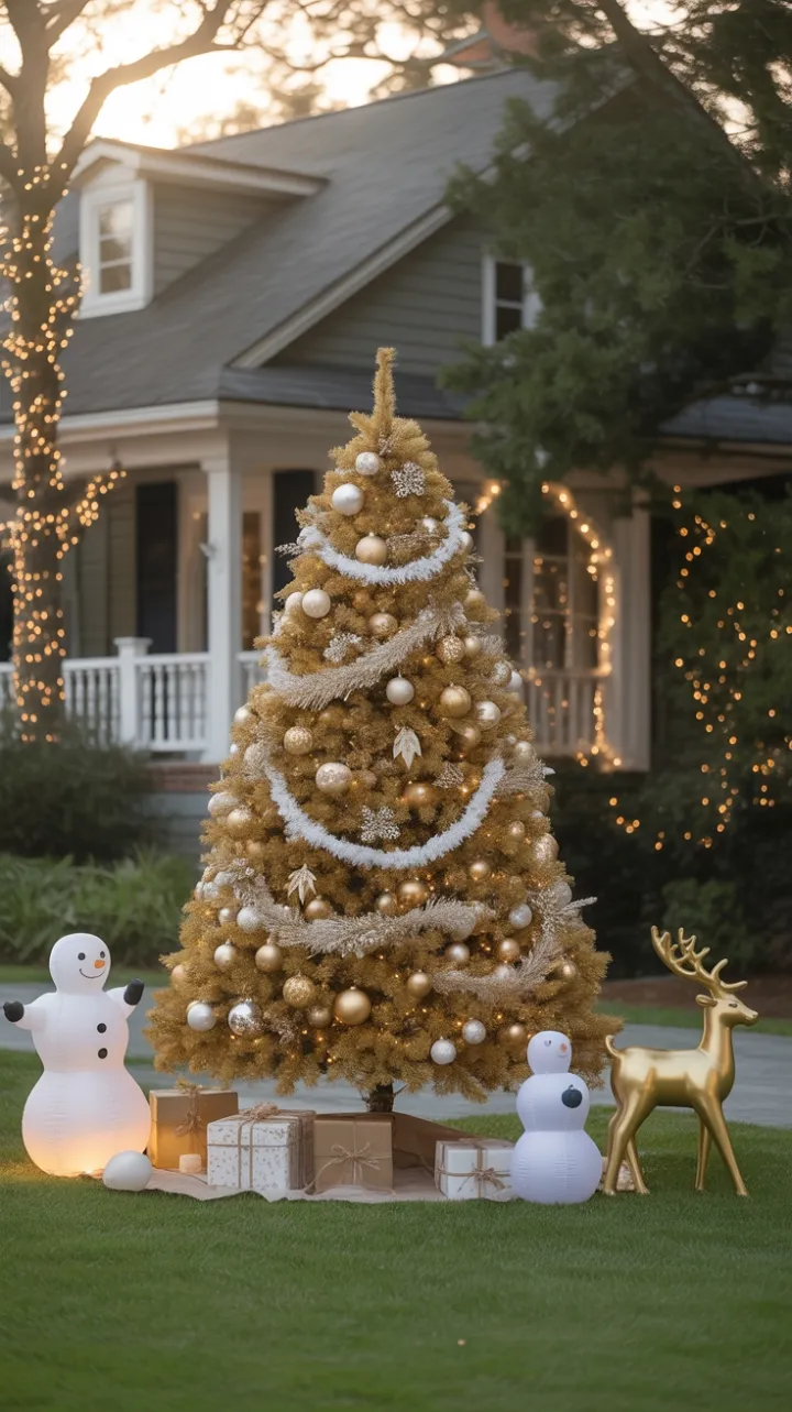 Golden Holiday Glow on a Serene Front Lawn