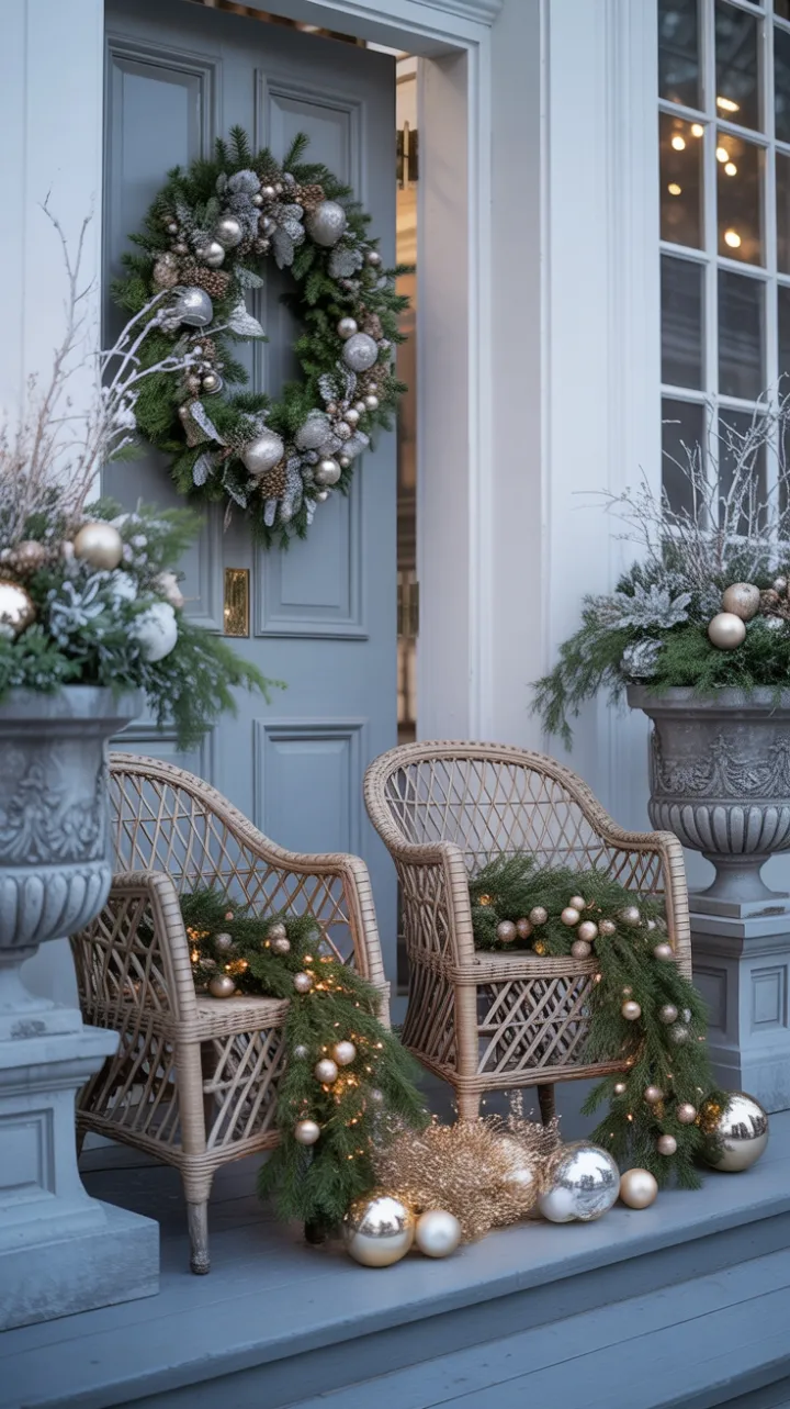 Gilded Winter Welcome on a Classic Christmas Porch