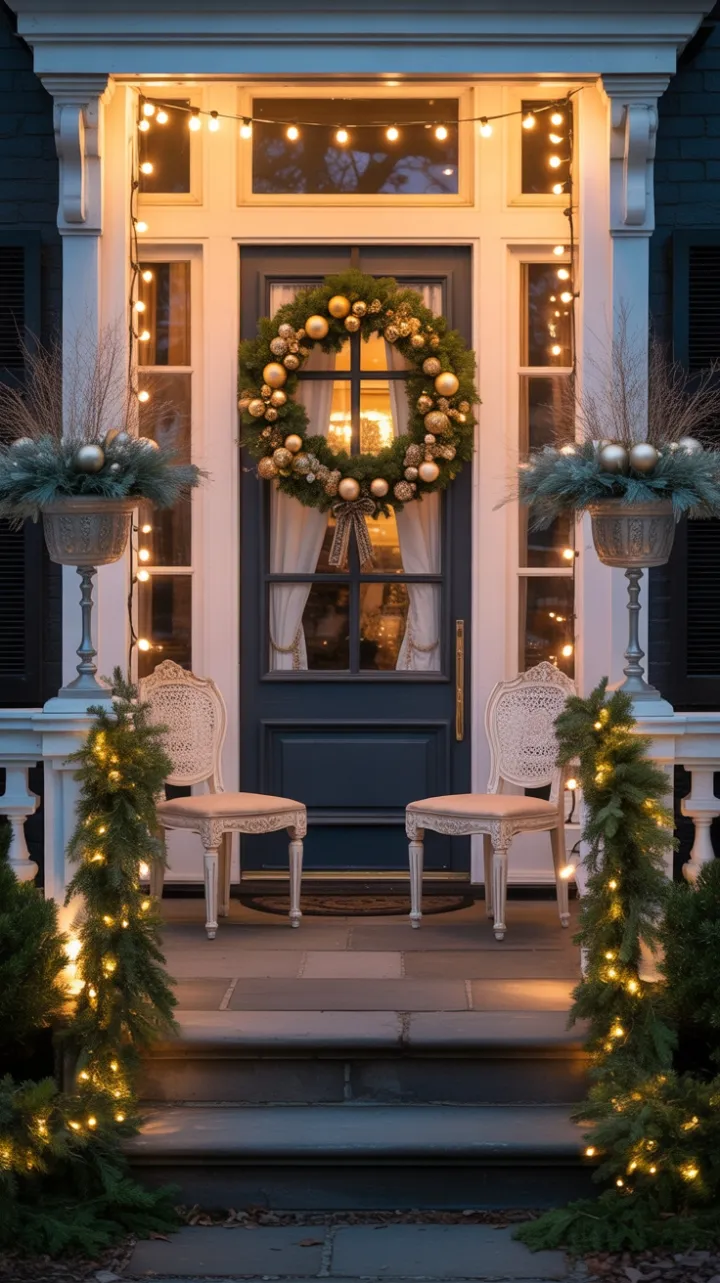 Golden Twilight Welcome on an Elegant Christmas Porch
