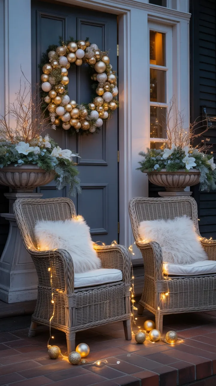 Twilight Elegance on a Gold-and-White Christmas Porch