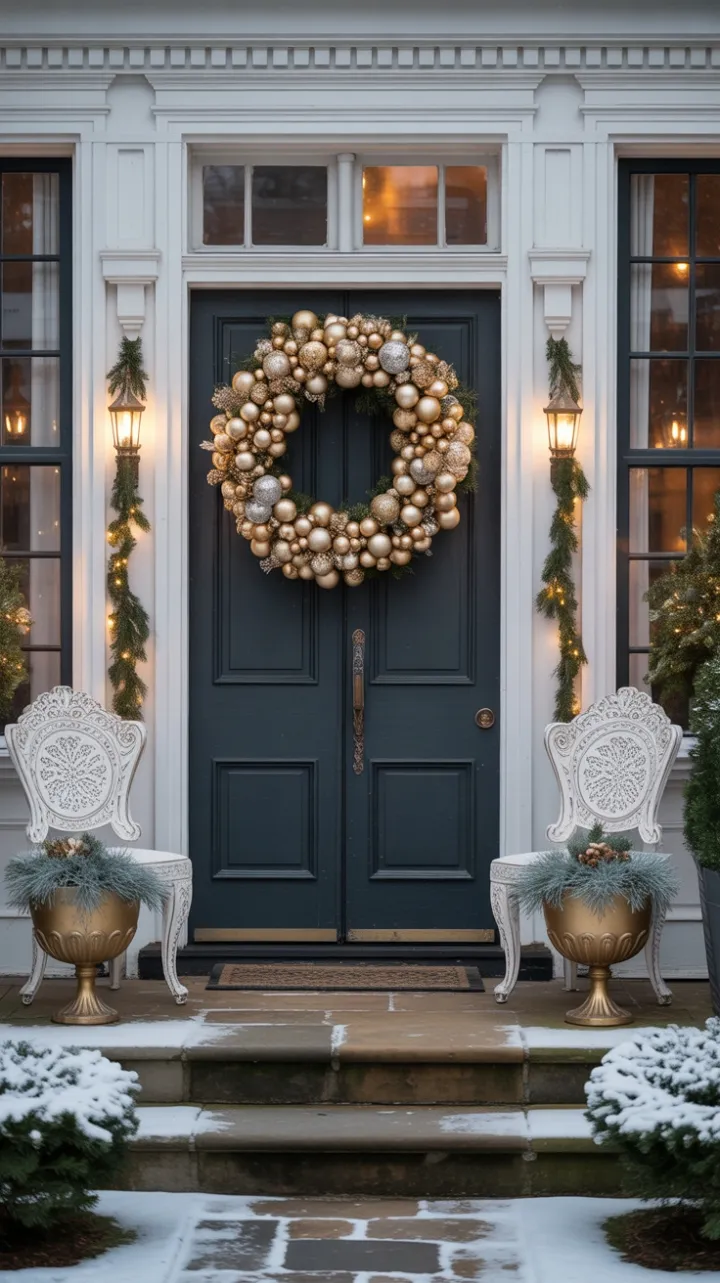 Snow-Kissed Porch with Golden Wreath and Warm Holiday Glow