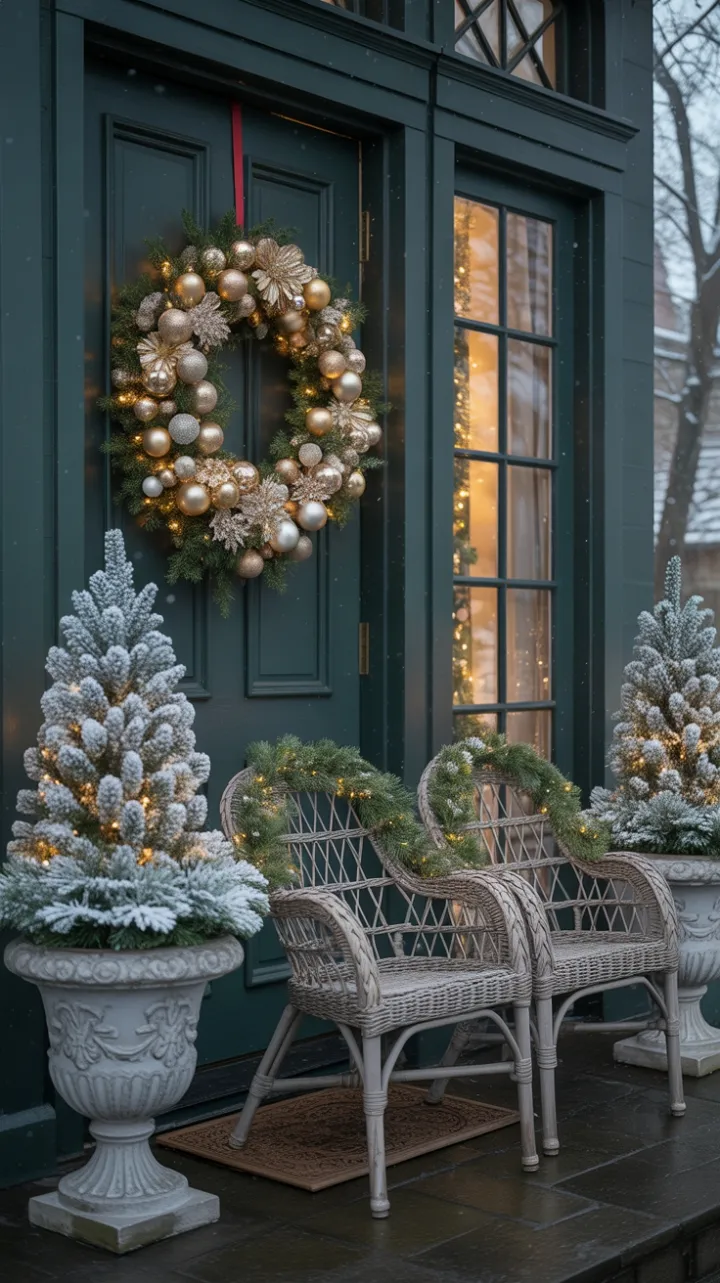 Snow-Kissed Elegance on a Warm Sophisticated Christmas Porch