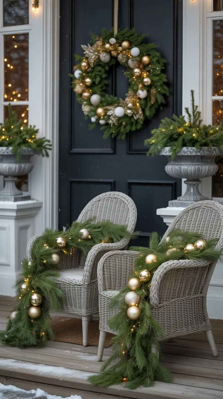 Snow-Kissed Porch Dressed in Gold and Evergreen
