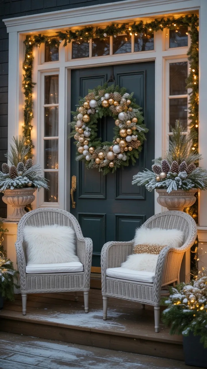 Snow-Kissed Welcome on an Elegant Gold and White Christmas Porch
