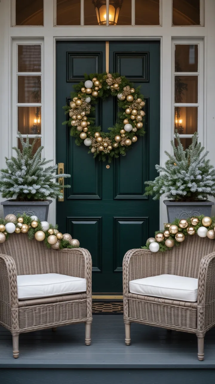 Timeless Christmas Porch Dressed in Gold and White