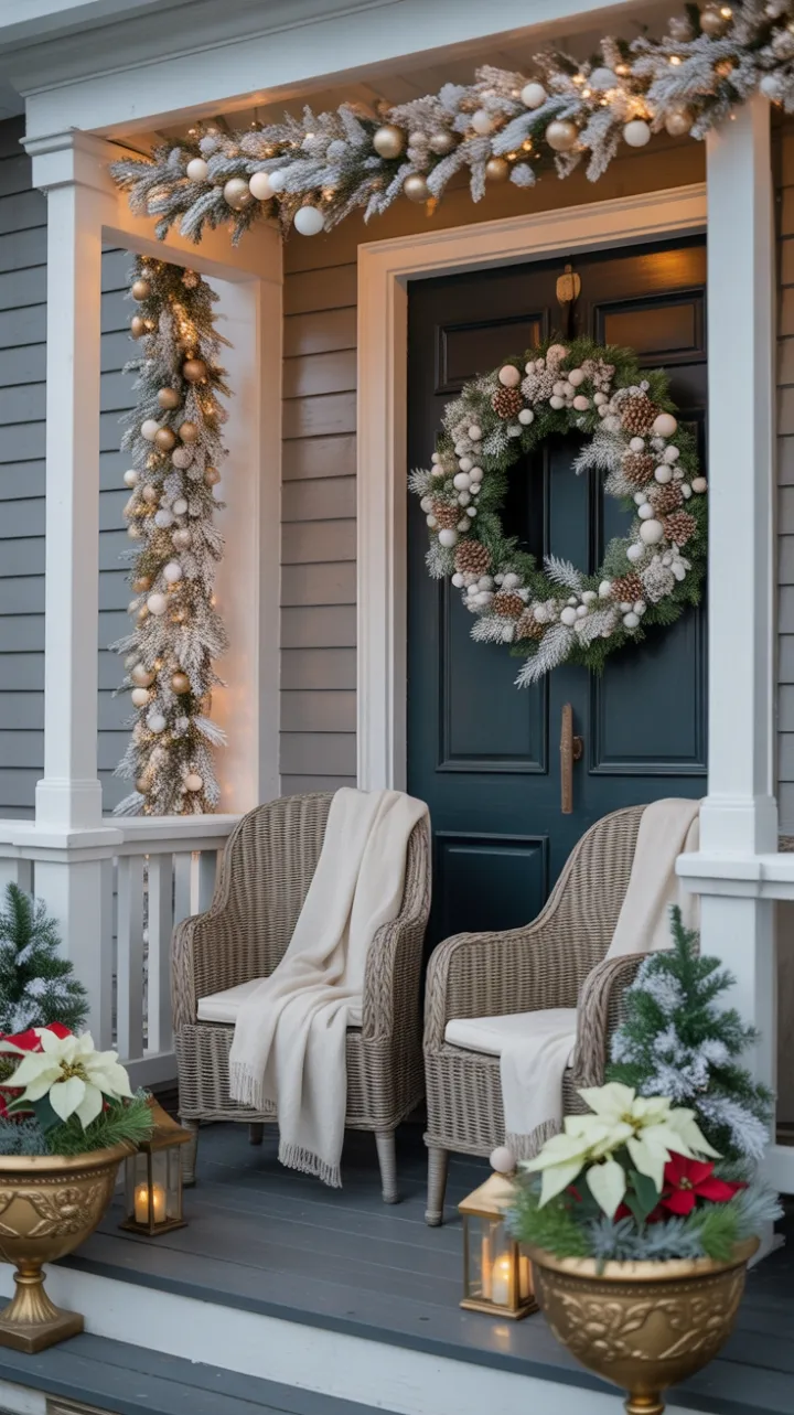 Frosted White and Gold Holiday Porch Welcome