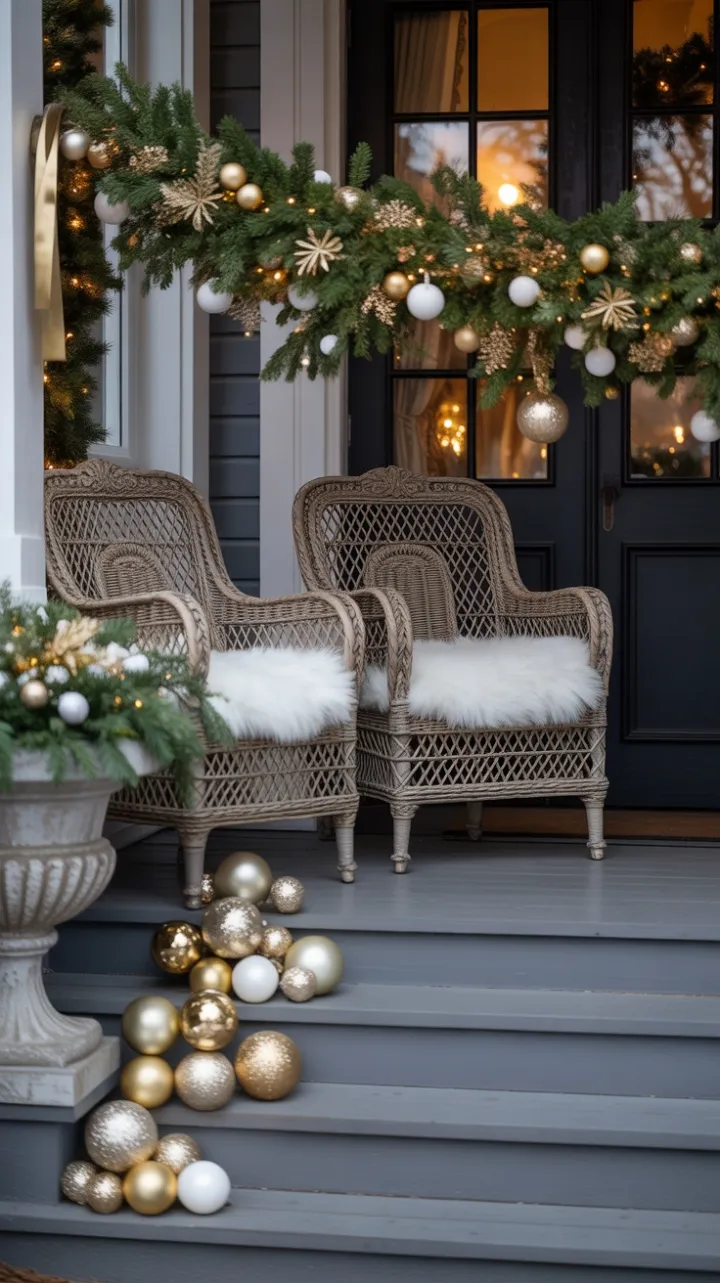 A Golden Winter Welcome on an Elegant Christmas Porch