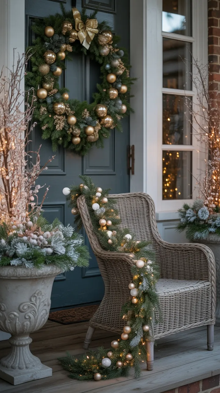 Inviting Holiday Porch Draped in Gold and Pine