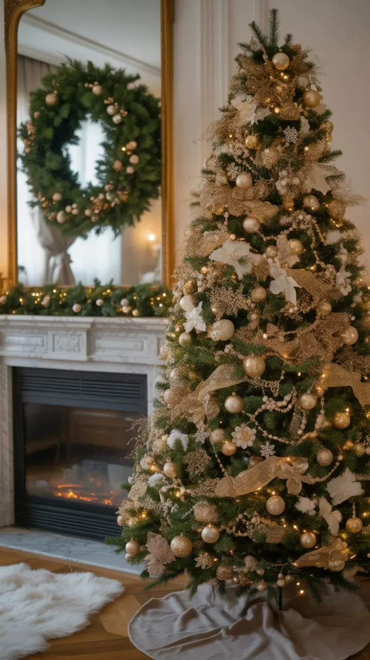 Gilded Christmas Warmth in an Elegant Living Room