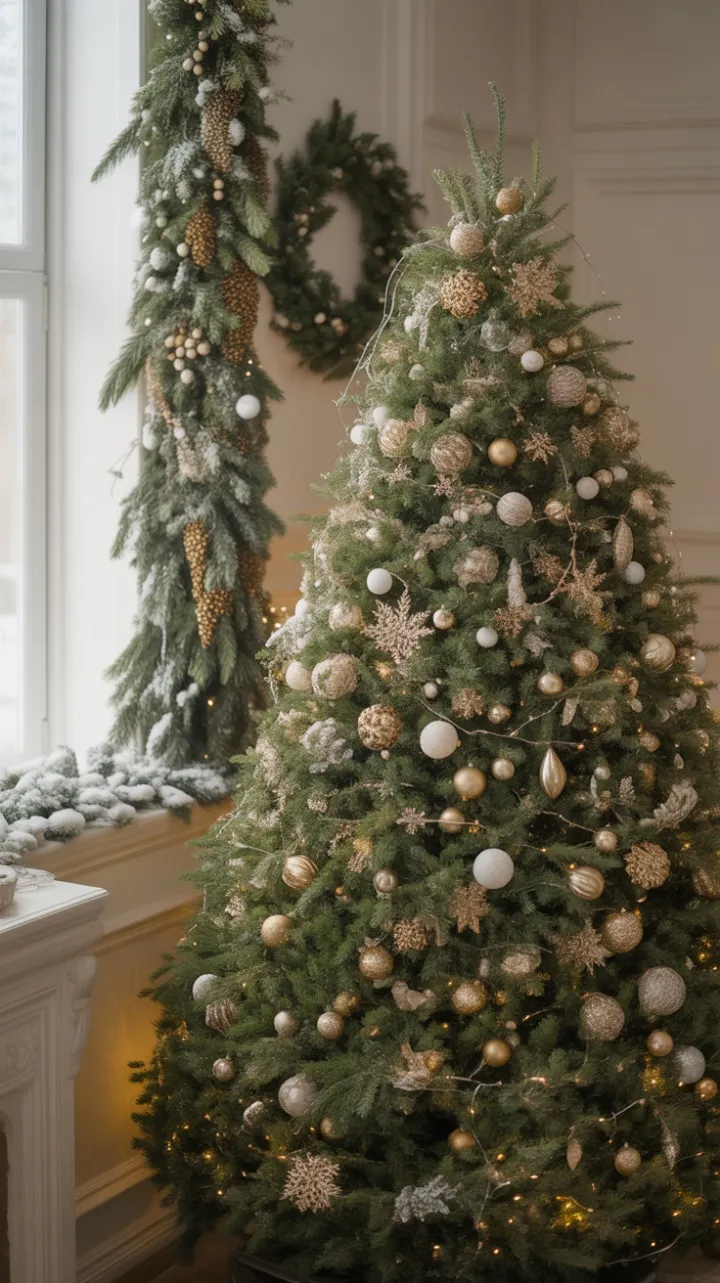 Snow-Kissed Elegance in a Golden Christmas Living Room