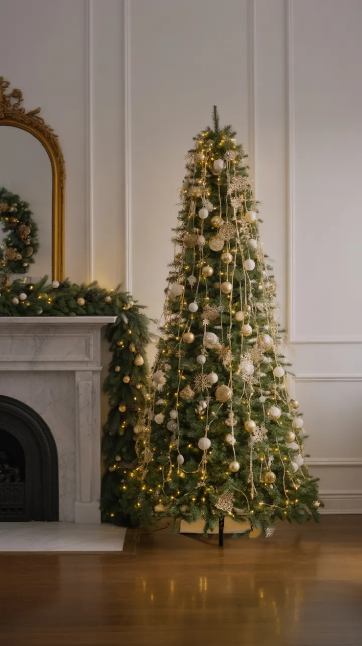 Elegant Christmas Living Room Bathed in Warm Golden Glow