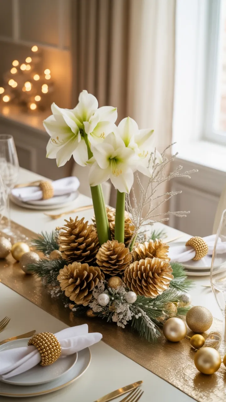 Gilded Winter Elegance – Amaryllis &#038; Pinecone Holiday Tablescape