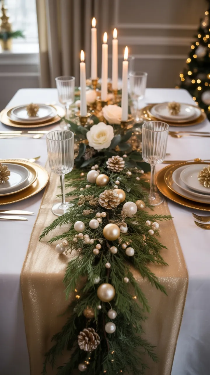 Candlelit Christmas Table in Gold and White