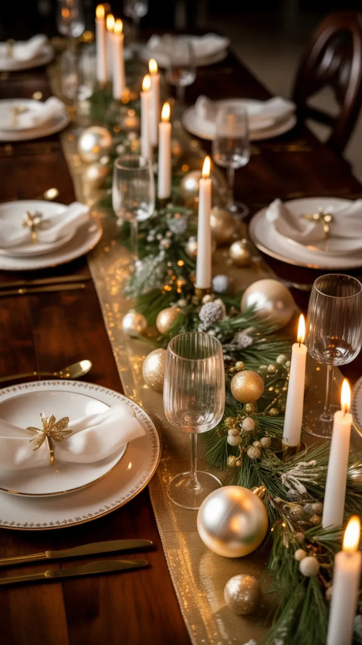 Candlelit Gold and White Christmas Table of Timeless Elegance