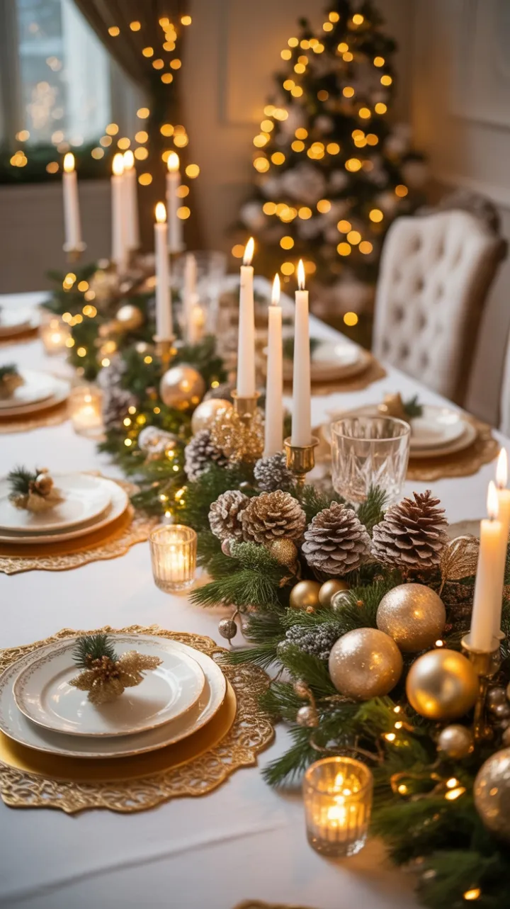 Candlelit Christmas Table Dressed in Gold and Evergreen