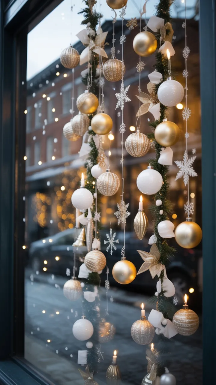 Snow-Kissed Window of Golden Ornaments and Warm Candlelight