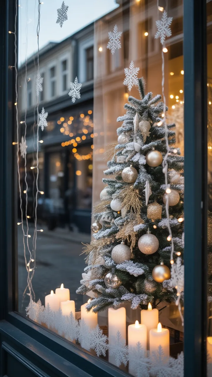 Snow-Kissed Shop Window of Golden Holiday Light