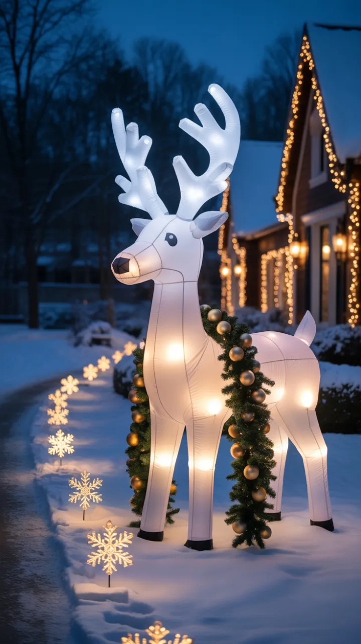 Snow-Kissed Front Yard with a Golden Reindeer and Twinkling Lights