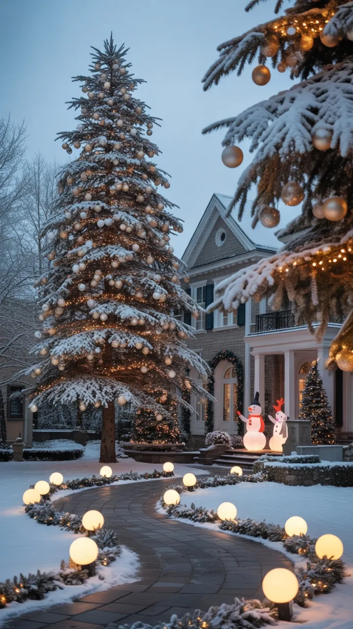 Twilight Elegance on a Snow-Covered Christmas Pathway
