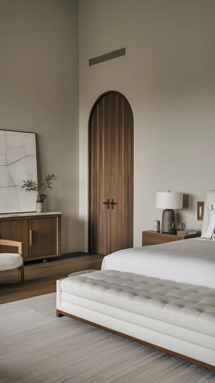 This luxurious minimalist bedroom, with its airy white bed and light grey walls, offers a serene retreat that beautifully blends texture and color for refined relaxation.